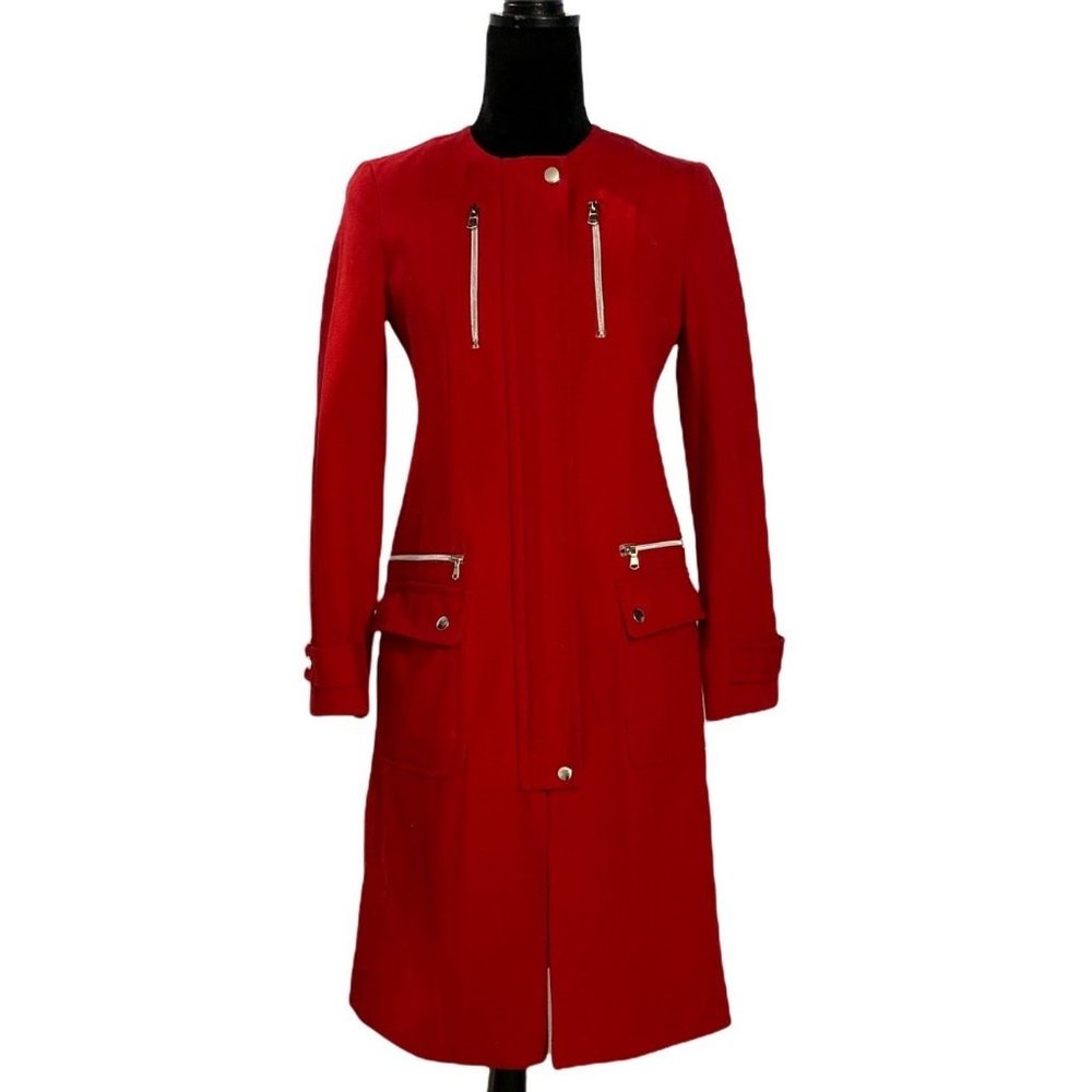 Donna Karan 4 Long Trench Coat Jacket Deep Red Heavy Cotton Twill Pockets Bold